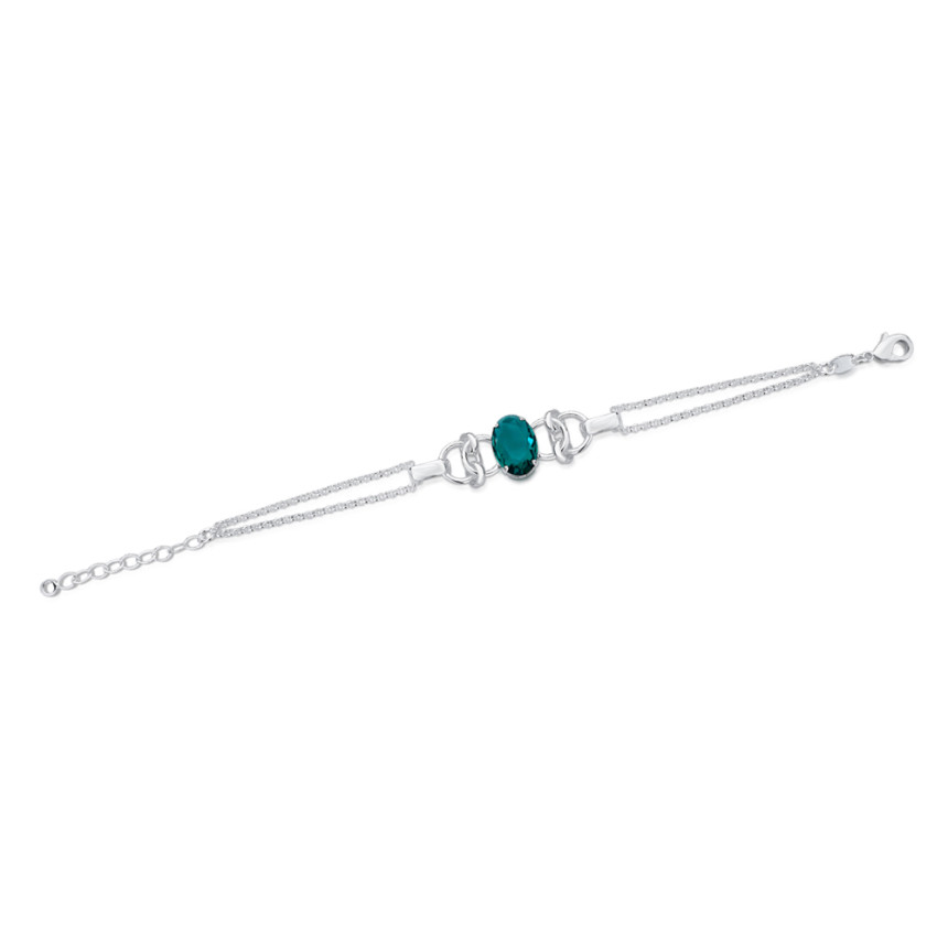 Pulseira Prata Leve Portuguesa Dupla c/ Zircônia Oval Esmeralda e Elos Lisos