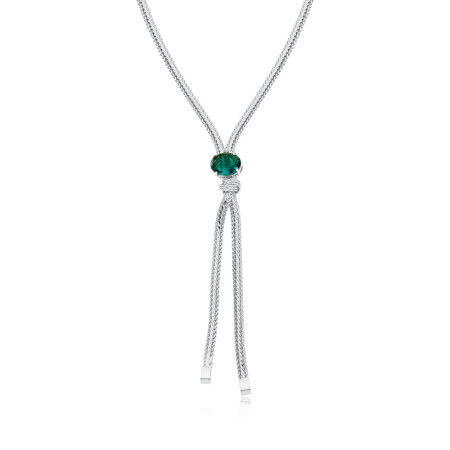 Gargantilha Prata Leve Fita Achatada Gravatinha Nó Diamantado Zircônia Oval Esmeralda