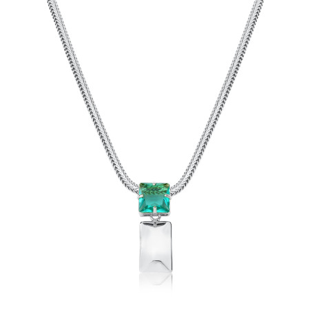 Gargantilha Prata Leve Fita Achatada Zircônia Quadrada Verde Paraíba c/ Retângulo Liso