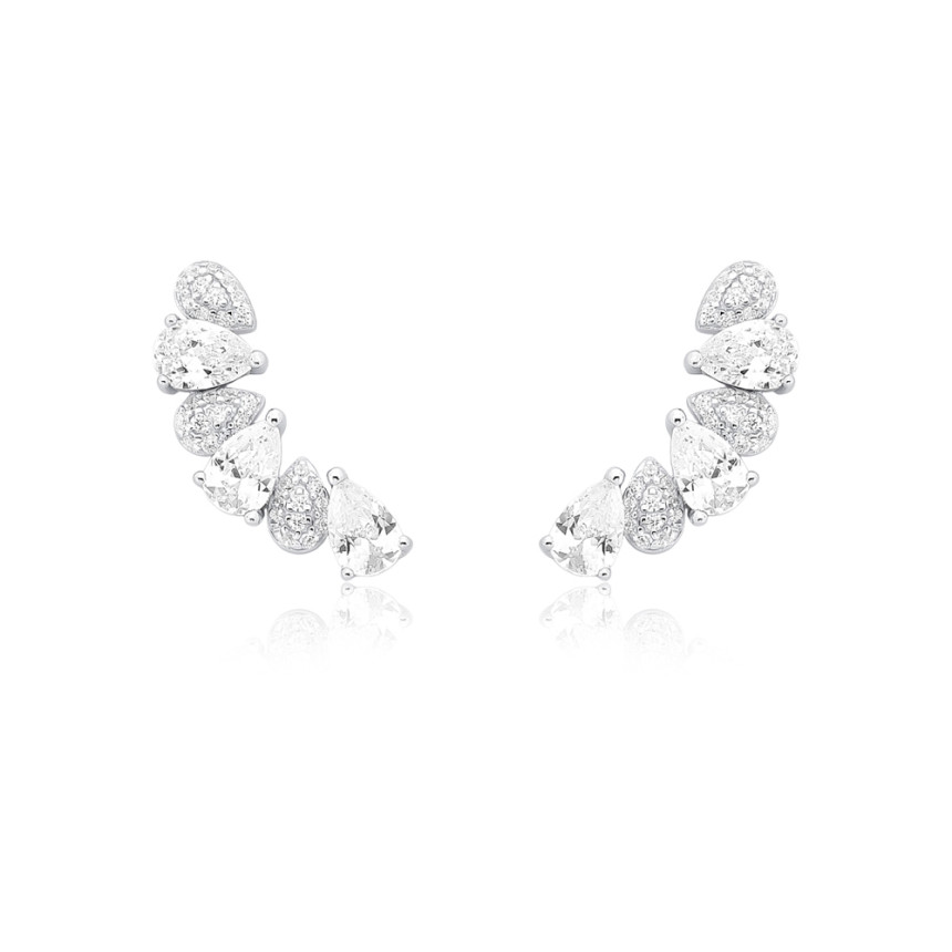 Brinco Prata c/ Ródio Ear Cuff c/ Gotas Cravejadas e Gotas de Zircônia