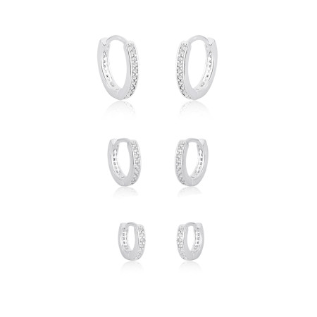 Kit c/ 3 Argolas Prata Leve Click Uma Fileira Cravejada 14mm / 12mm / 10mm