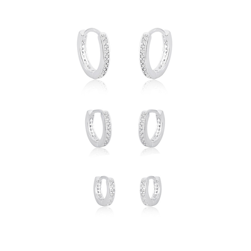Kit c/ 3 Argolas Prata Leve Click Uma Fileira Cravejada 14mm / 12mm / 10mm