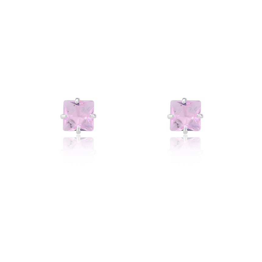 Brinco Prata Fixo Zircônia Rosa Quadrada 5mm