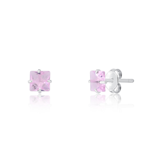 Brinco Prata Fixo Zircônia Rosa Quadrada 5mm