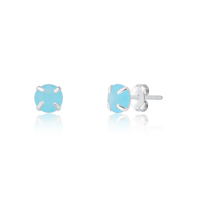 Brinco Prata Fixo Zircônia Azul Redonda 6mm
