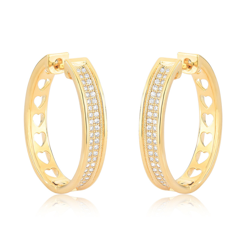 Argola Click Oval Duas Fileiras Cravejada 2x22 30mm Folheada a Ouro 18k