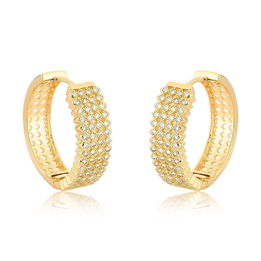 Argola Click Quatro Fileiras Cravejadas Vazadas 4x15 26mm Folheada a Ouro 18k