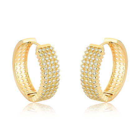 Argola Click Quatro Fileiras Cravejadas Vazadas 4x15 26mm Folheada a Ouro 18k