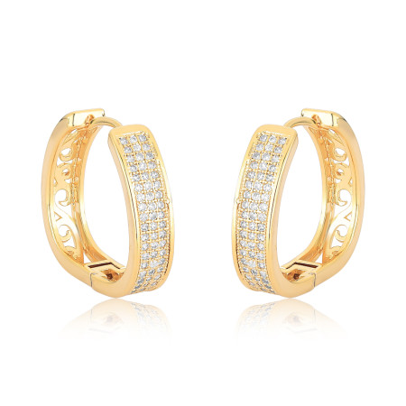 Argola Click Triangular Três Fileiras Cravejadas 21mm Folheada a Ouro 18k