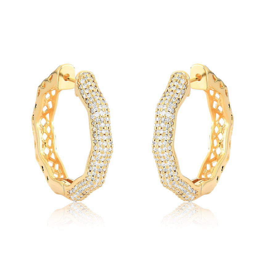 Argola Click Octogonal c/ Seis Fileiras Cravejadas 28mm Folheada a Ouro 18k