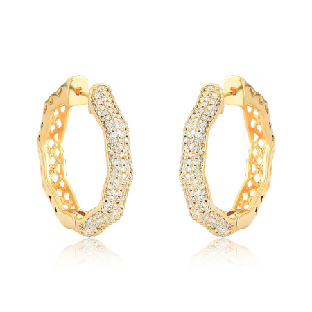 Argola Click Octogonal c/ Seis Fileiras Cravejadas 28mm Folheada a Ouro 18k