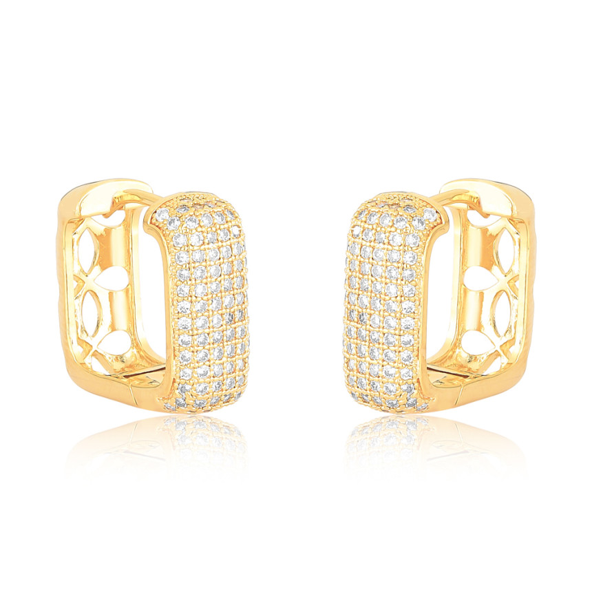 Argola Click Quadrada 6 Fileiras Cravejadas 16mm Folheada a Ouro 18k