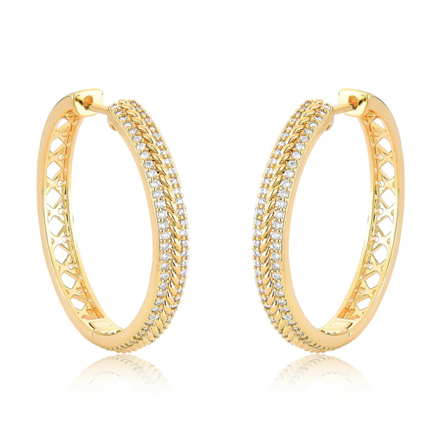 Argola Click Redonda 2 Fileiras Cravejadas 2x36 Trabalhado Central 36mm Folheada a Ouro 18k