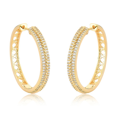 Argola Click Redonda 2 Fileiras Cravejadas 2x36 Trabalhado Central 36mm Folheada a Ouro 18k