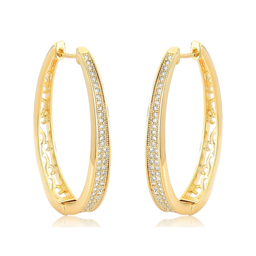 Argola Click Oval 3 Fileiras Cravejadas 3x32 41mm Folheada a Ouro 18k