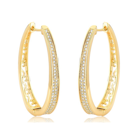 Argola Click Oval 3 Fileiras Cravejadas 3x32 41mm Folheada a Ouro 18k