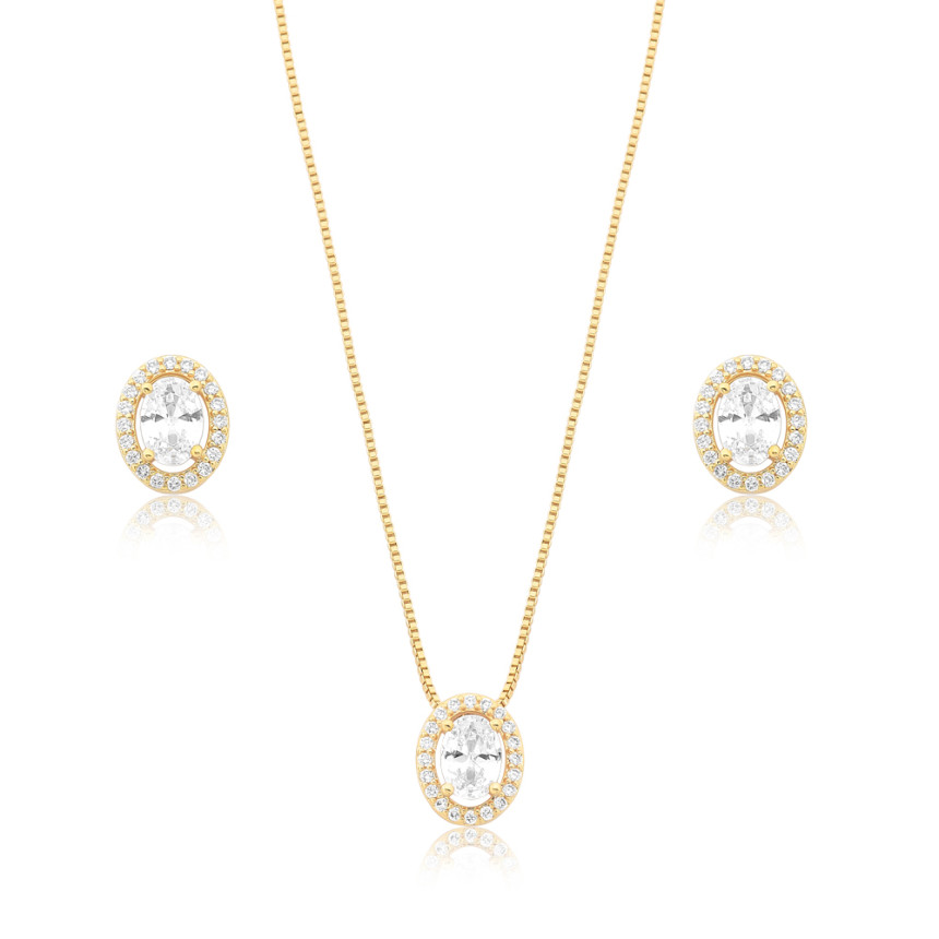 Conjunto Oval Zircônia Central c/ Borda Cravejada Folheado a Ouro 18K
