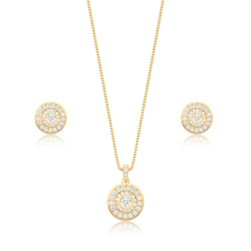 Conjunto Redondo Zircônia Ponto Luz c/ Borda Dupla Cravejada Folheado a Ouro 18K