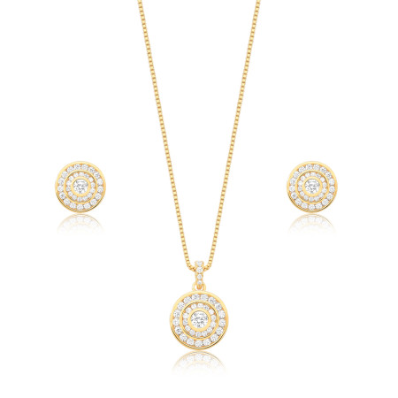 Conjunto Redondo Zircônia Ponto Luz c/ Borda Dupla Cravejada Folheado a Ouro 18K