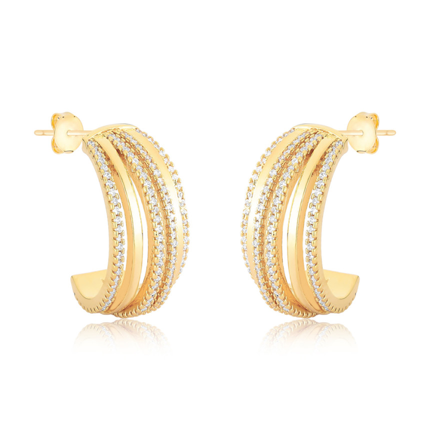Brinco Meia Argola 6 Fios Lisos e Cravejados Intercalados 25mm Folheado a Ouro 18k