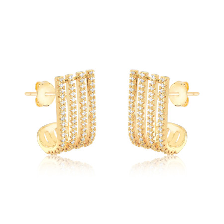 Brinco Gancho Simétrico 4 Fios Cravejados Folheado a Ouro 18k