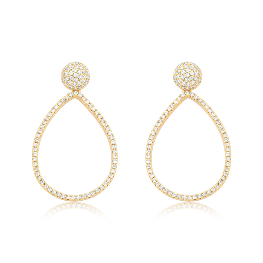 Brinco c/ Base Redonda Cravejada e Gota Vazada Cravejada Folheado a Ouro 18k