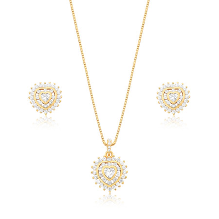 Conjunto Coração Vazado Cravejado c/ Zircônias Folheado a Ouro 18K