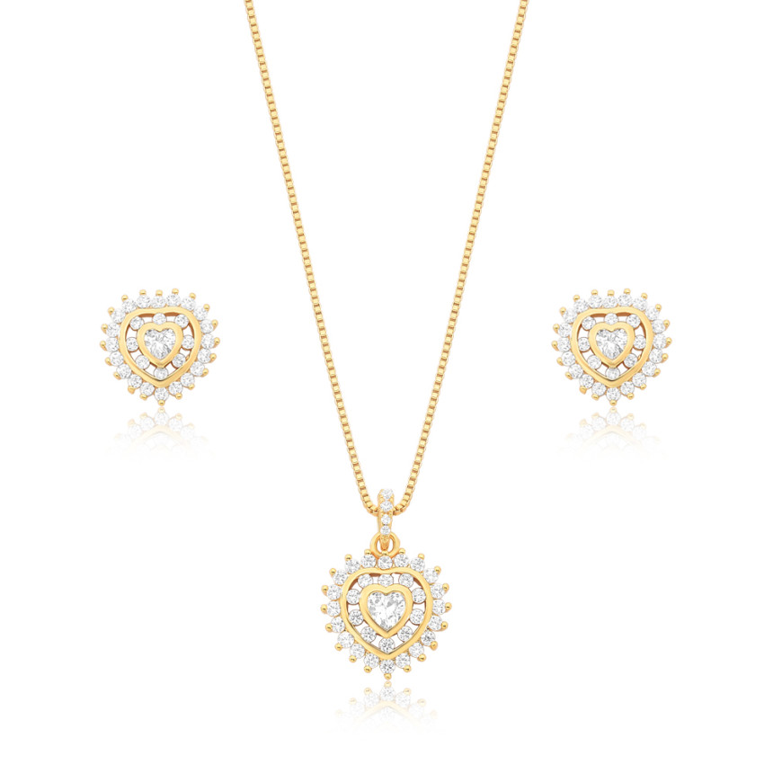 Conjunto Coração Vazado Cravejado c/ Zircônias Folheado a Ouro 18K