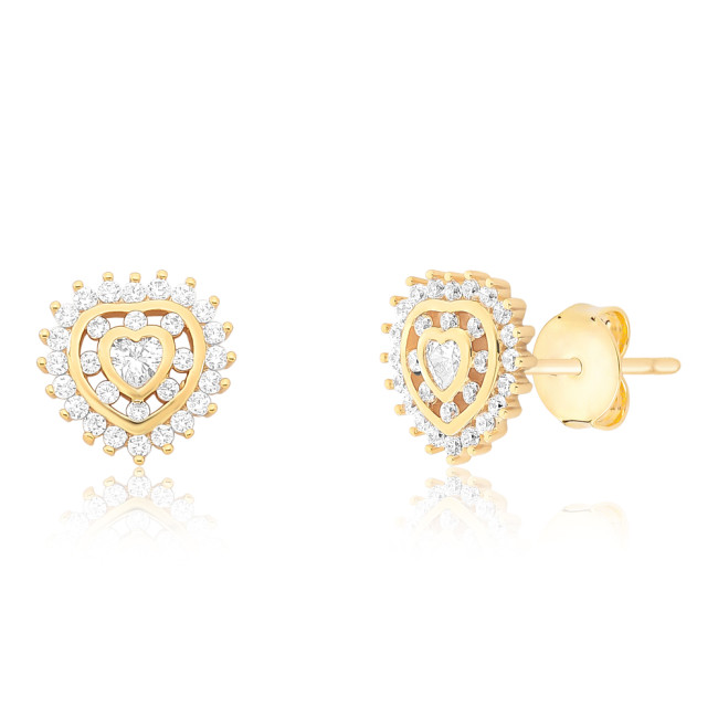 Conjunto Coração Vazado Cravejado c/ Zircônias Folheado a Ouro 18K