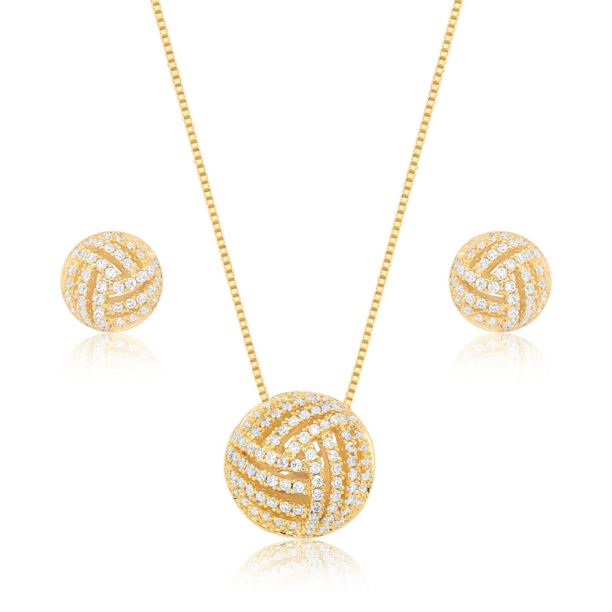 Conjunto Meia Esfera Vazada Cravejada c/ Zircônias Folheado a Ouro 18K
