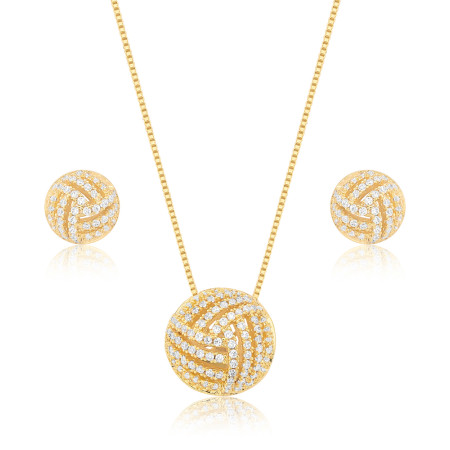 Conjunto Meia Esfera Vazada Cravejada c/ Zircônias Folheado a Ouro 18K