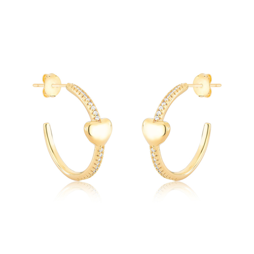Brinco Meia Argola Fio Cravejado c/ Coração Liso Folheado a Ouro 18k