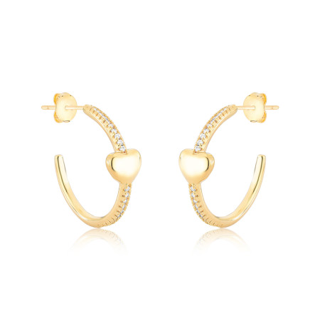 Brinco Meia Argola Fio Cravejado c/ Coração Liso Folheado a Ouro 18k