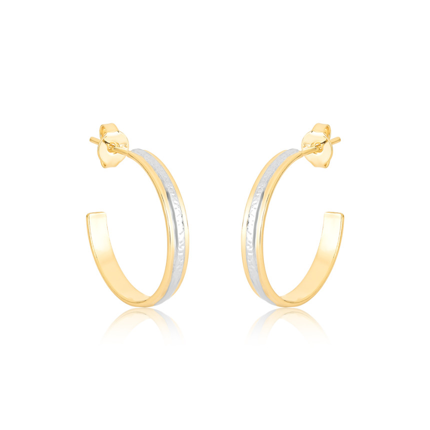 Brinco Meia Argola Fio Quadrado c/ Filete Ródio Folheado a Ouro 18k