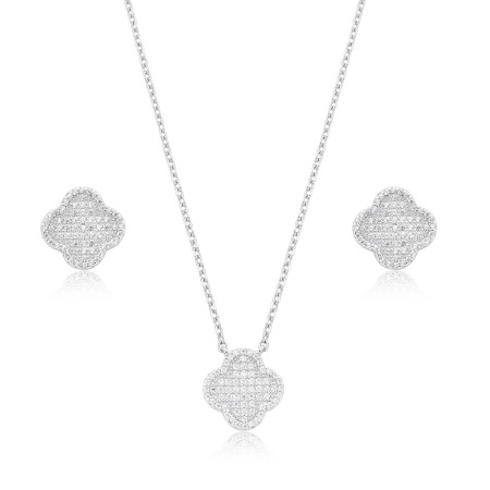 Conjunto Prata c/ Ródio Trevo Todo Cravejado