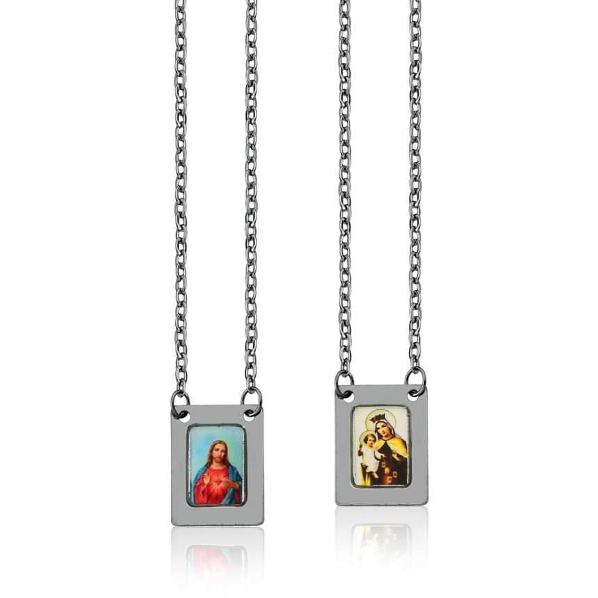 Escapulário Aço Nossa Senhora do Carmo e Sagrado Coração com Resina 60cm