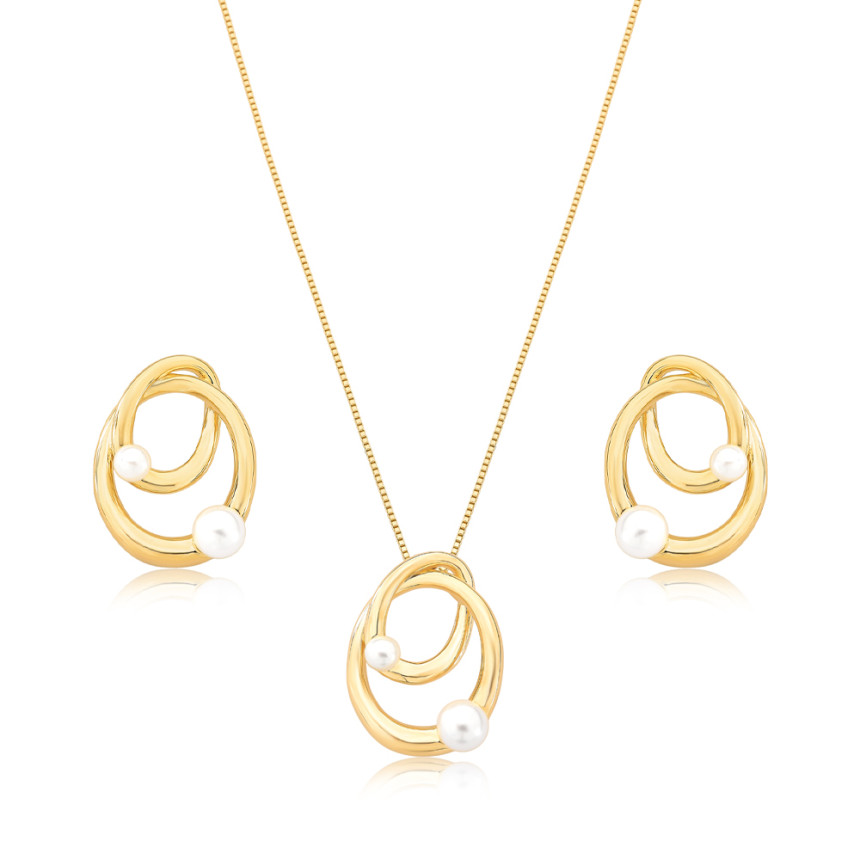 Conjunto Entrelaçado Vazado c/ Pérolas Folheado a Ouro 18K