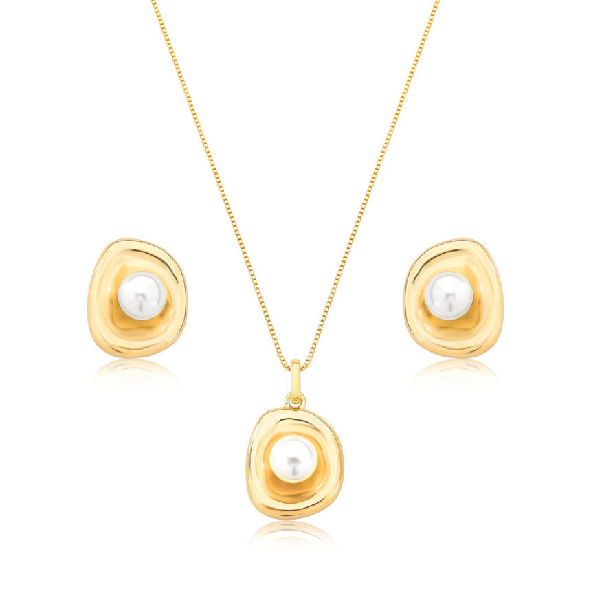 Conjunto Melt Orgânico Base Lisa c/ Pérola Central Folheado a Ouro 18K