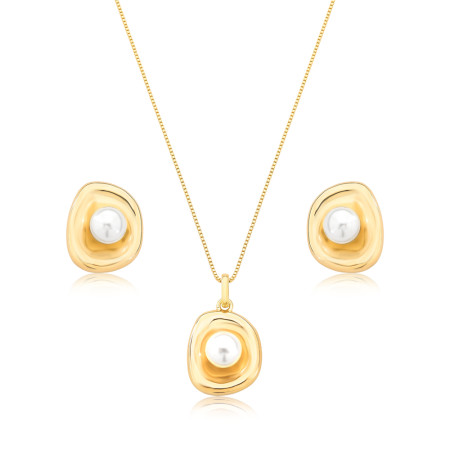 Conjunto Melt Orgânico Base Lisa c/ Pérola Central Folheado a Ouro 18K