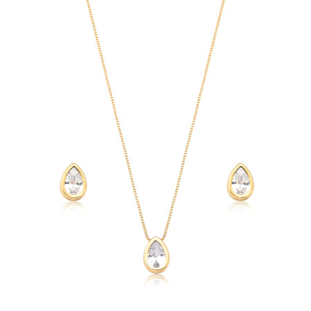 Conjunto Gota Zircônia c/ Ponto Luz Embutido Folheado a Ouro 18K