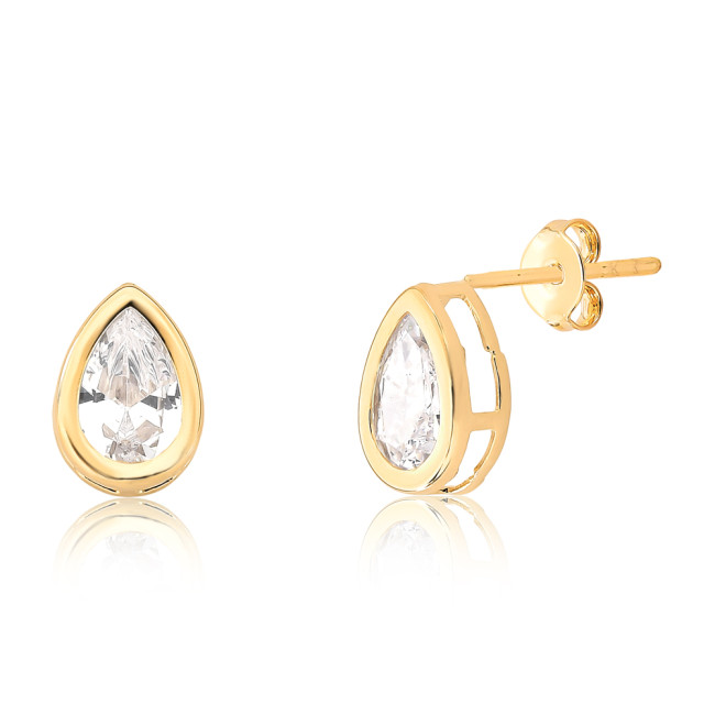 Conjunto Gota Zircônia c/ Ponto Luz Embutido Folheado a Ouro 18K