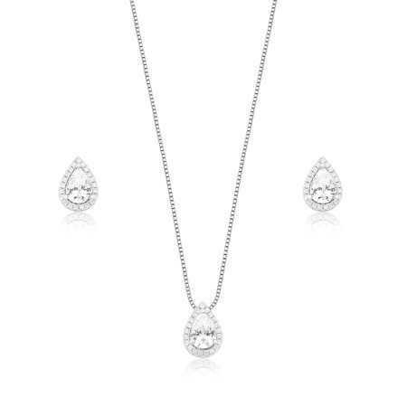 Conjunto Prata c/ Ródio Zircônia Gota Ponto Luz Borda Cravejada 10mm