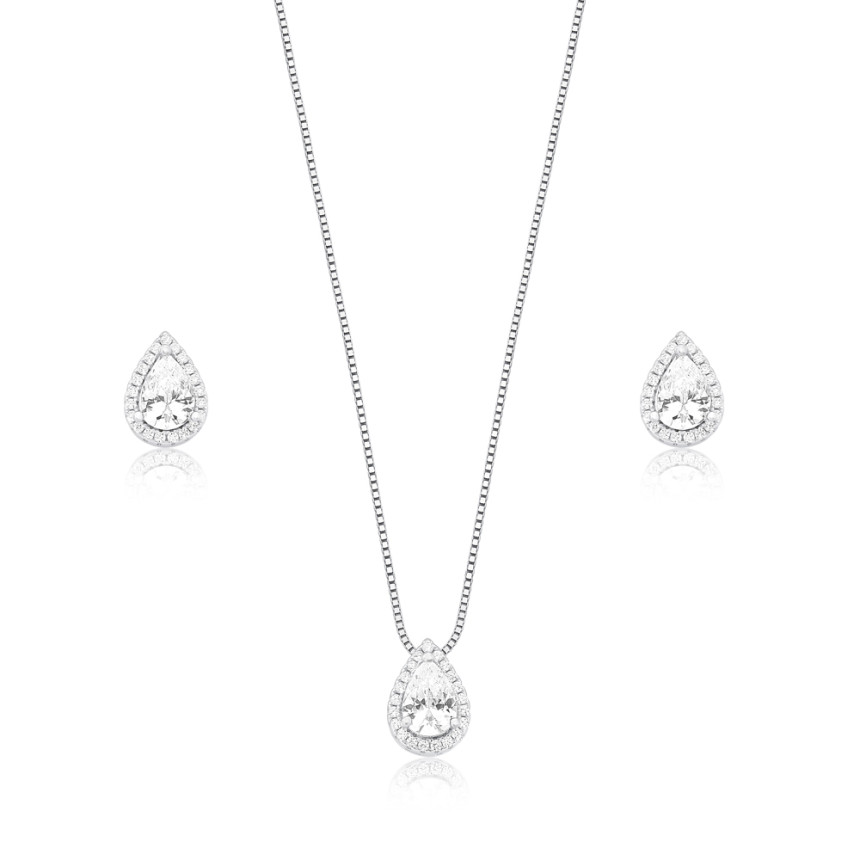 Conjunto Prata c/ Ródio Zircônia Gota Ponto Luz Borda Cravejada 10mm