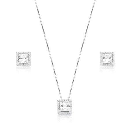 Conjunto Prata c/ Ródio Zircônia Quadrada Ponto Luz Borda Cravejada 9mm