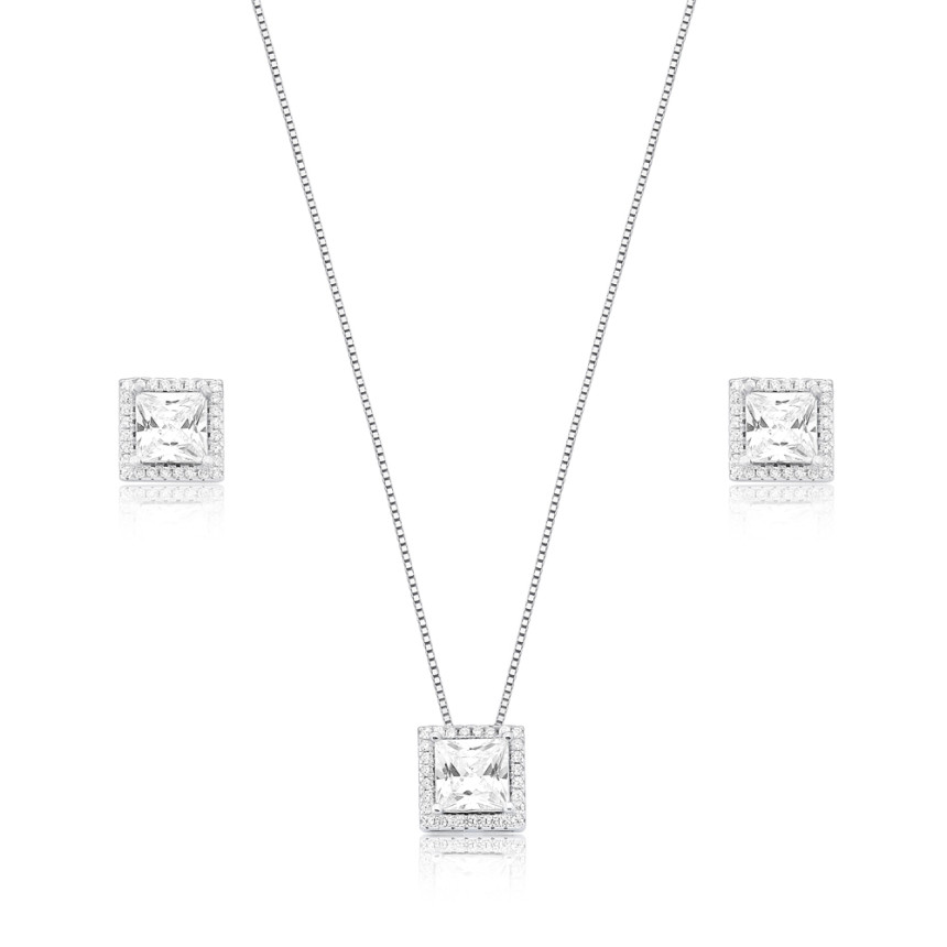 Conjunto Prata c/ Ródio Zircônia Quadrada Ponto Luz Borda Cravejada 9mm