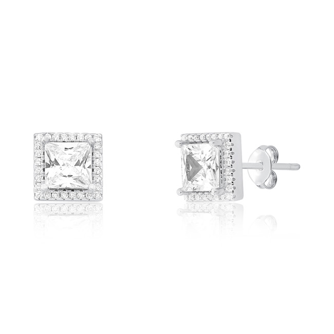 Conjunto Prata c/ Ródio Zircônia Quadrada Ponto Luz Borda Cravejada 9mm