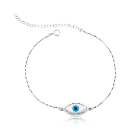 Pulseira Prata c/ Ródio Olho Grego Navete Madrepérola