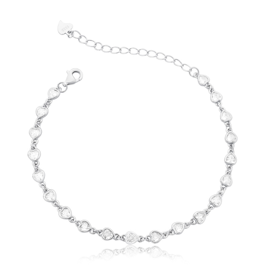 Pulseira Prata c/ Ródio Zircônias Corações Embutidos