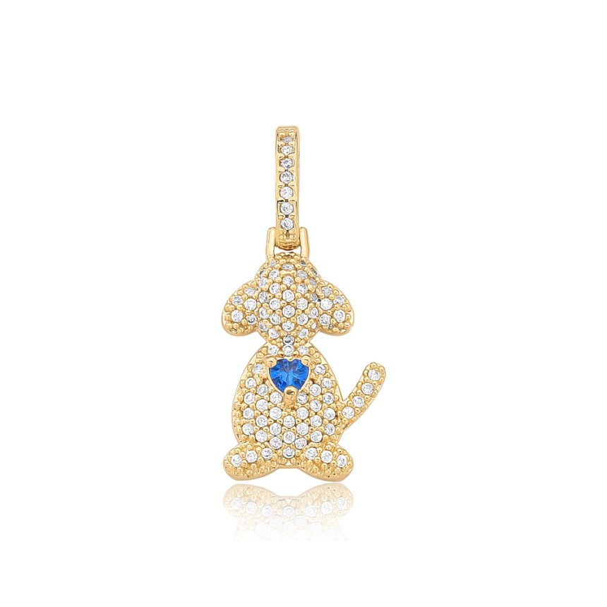 Pingente Cachorro Cravejado c/ Zicônia Coração Azul Folheado a Ouro 18k