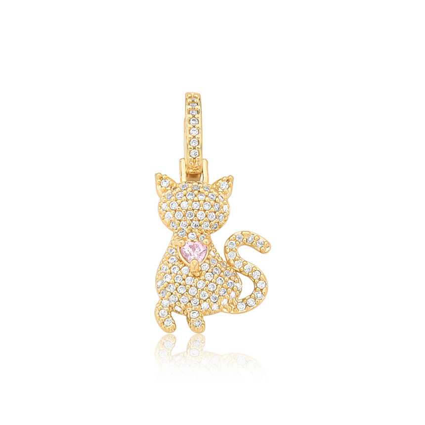 Pingente Gato Cravejado c/ Zicônia Coração Rosa Folheado a Ouro 18k